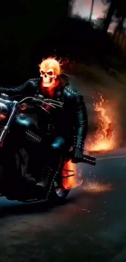 Fiery skull biker racing on a dark road with flames.