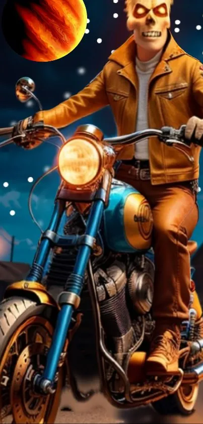 Fiery biker rides under a vibrant planetary sky with glowing elements.