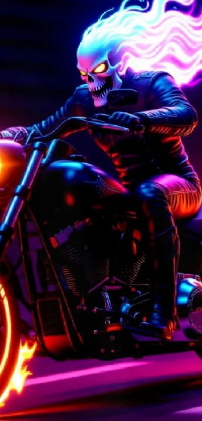 A fiery biker with neon flames on a motorcycle in a vibrant mobile wallpaper.