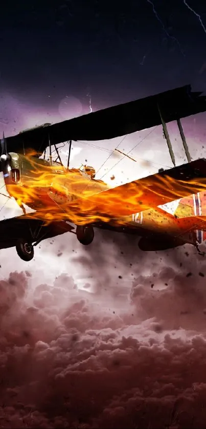 A dramatic biplane engulfed in flames soaring through dark, stormy skies.