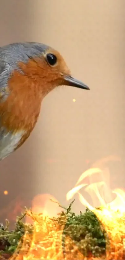 Orange-breasted bird on moss with flames in background, mobile wallpaper.