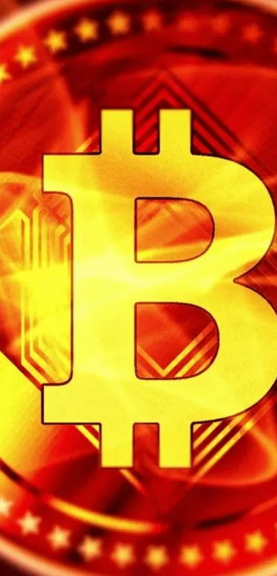 Fiery red and gold Bitcoin logo wallpaper.