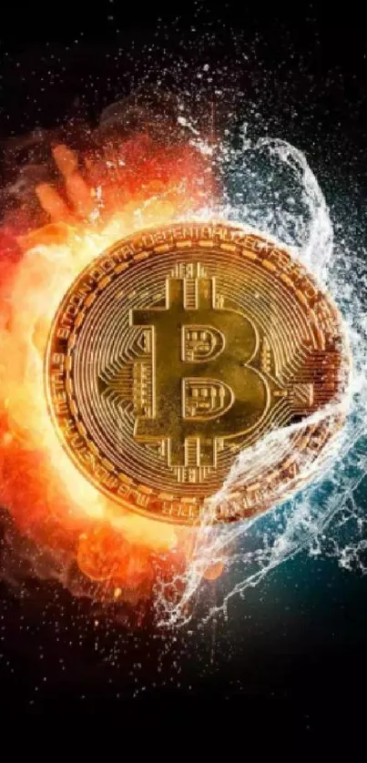 Bitcoin logo with fiery water splash on a black background.