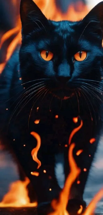 Black cat amidst orange flames with striking eyes.