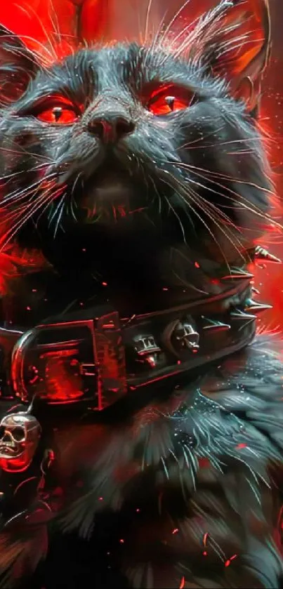 Black cat with red eyes and fiery aura, wearing a spiked collar.