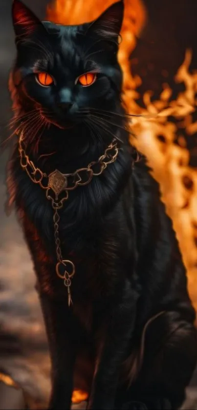 Black cat with fiery flames background in a wallpaper.