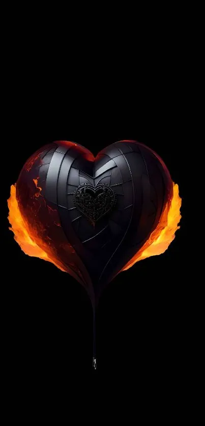 Black heart with fiery flames on a dark background mobile wallpaper.