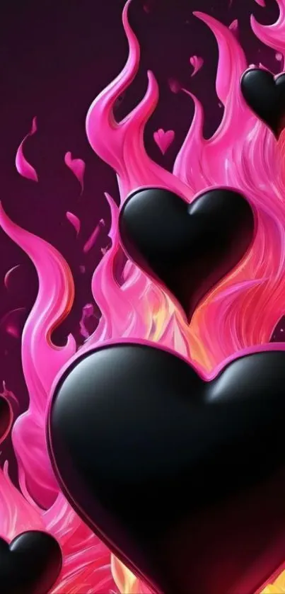 Black hearts with pink flames mobile wallpaper.