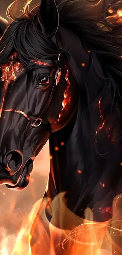 Artistic depiction of a fiery black horse with flowing mane.