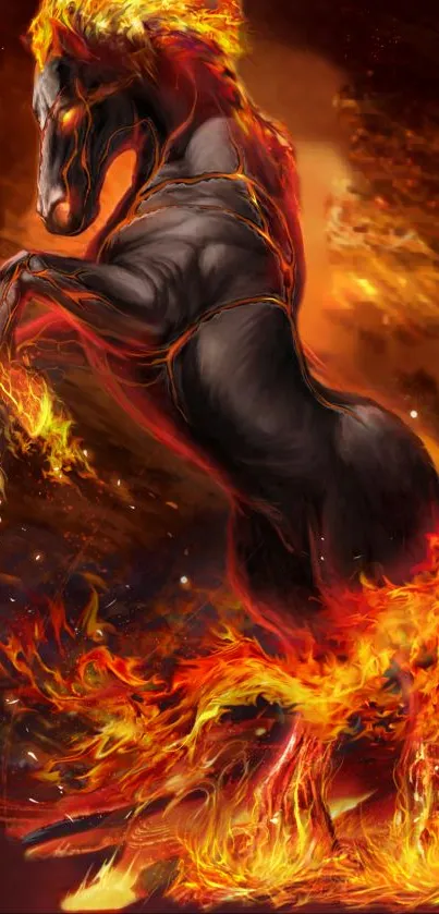 A dramatic image of a black horse engulfed in vibrant orange flames.