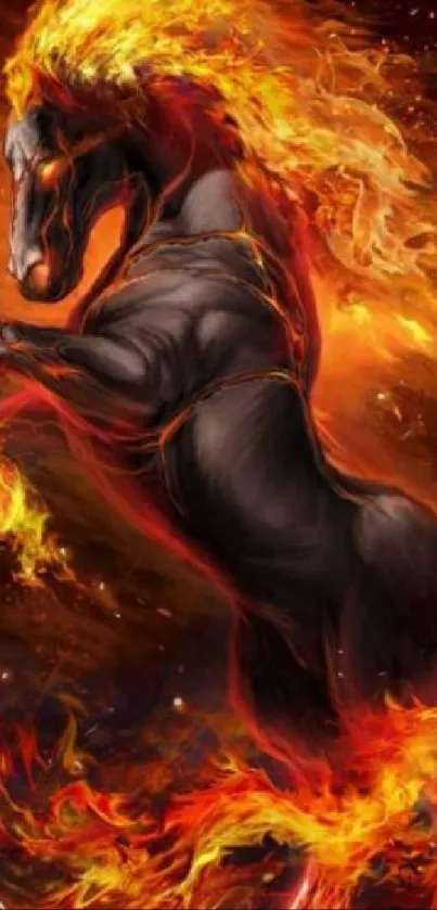 Dynamic black horse surrounded by vibrant fire on a mobile wallpaper.