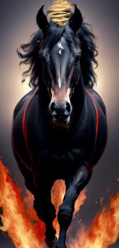 A dynamic black horse with flaming hooves set against a vibrant dark background.