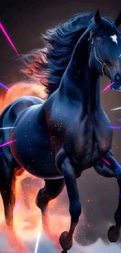 A black stallion with a fiery mane runs boldly against a glowing background.