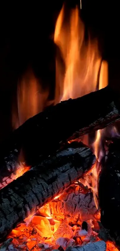 Fiery logs with glowing embers and flames wallpaper.