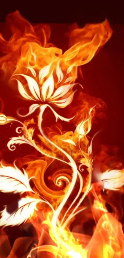 Fiery floral art with red-orange flames on a mobile wallpaper backdrop.