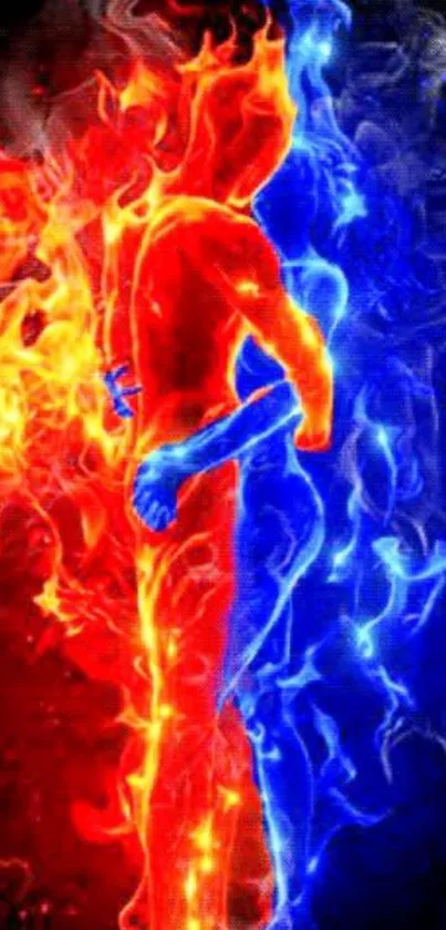 Fiery blue and orange flames embracing art.