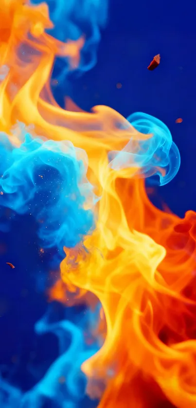 Dynamic blue and orange flames mobile wallpaper.