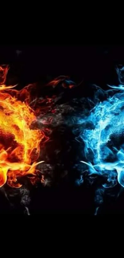 Wallpaper with blue and orange flames on a black background, creating high contrast.