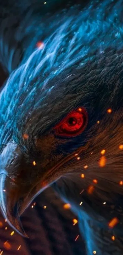 A close-up of a blue bird with fiery eyes, surrounded by glowing sparks.