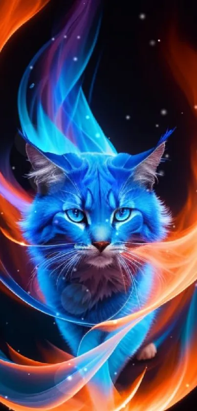 A blue cat surrounded by vibrant orange and blue flames on a dark background.