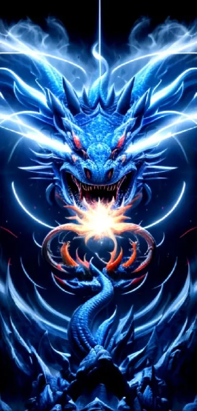 Dynamic blue dragon with fiery energy and smoke trails.