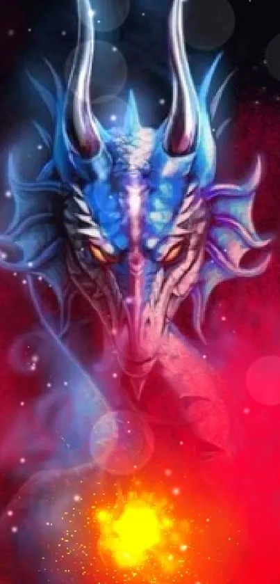 Blue dragon with fiery background mobile wallpaper.