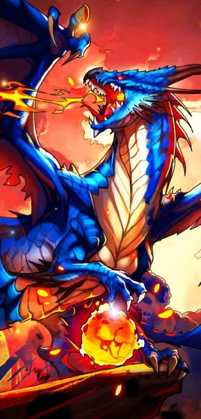 Epic blue dragon breathing fire wallpaper.