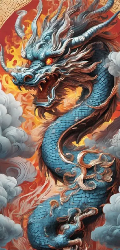 Fiery blue dragon surrounded by clouds in vibrant wallpaper design.