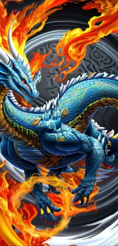 Blue dragon with fiery flames in fantasy wallpaper.