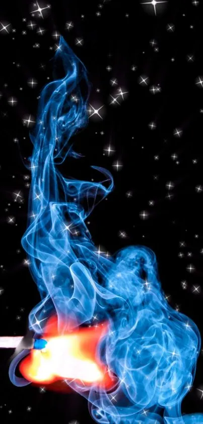 Blue flame and match against a starry black background on mobile wallpaper.