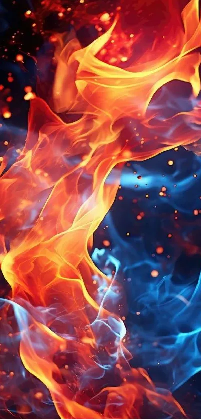 Vibrant blue and orange flame wallpaper, creating an energetic phone background.