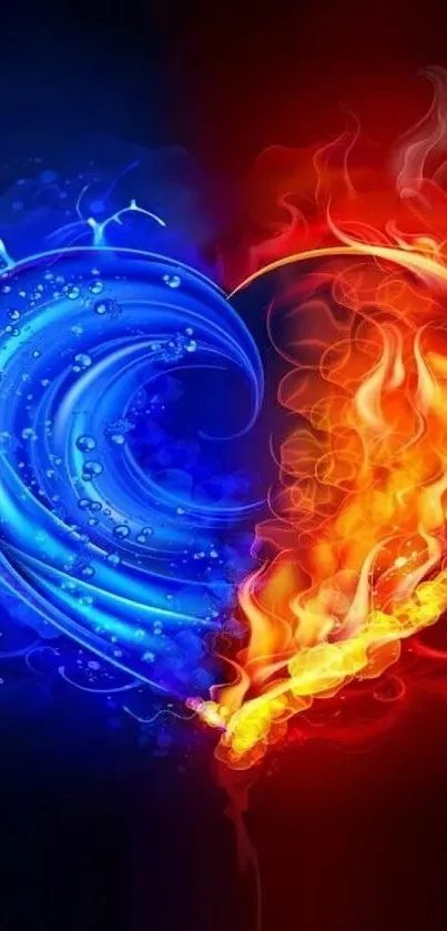 Fiery blue and red heart wallpaper featuring fire and water elements.