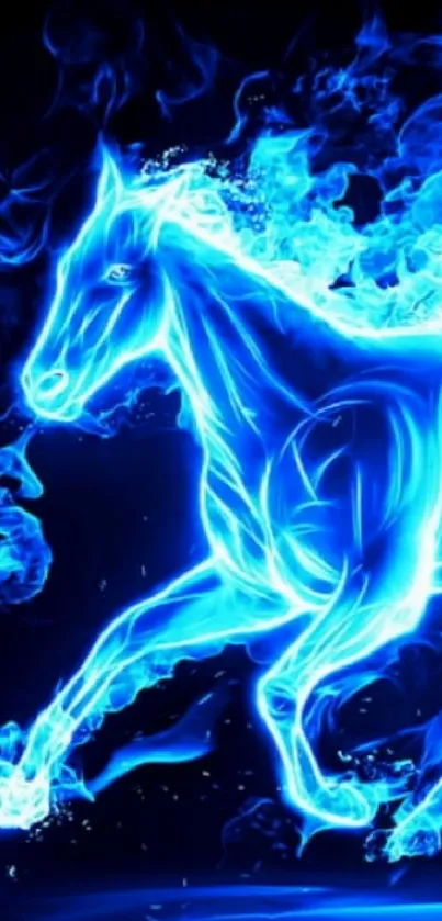 Fiery blue horse in digital art with electric flames and dark background.