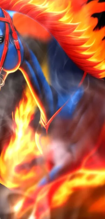 Vibrant blue horse enveloped in fiery orange flames.