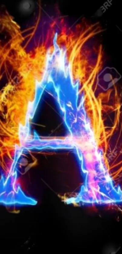 Glowing blue letter A with fiery flame design, black background.