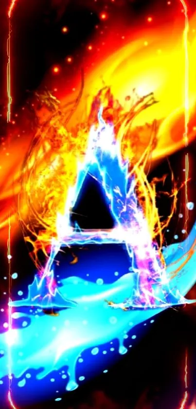 Fiery and luminous letter A with vibrant flames and cool blue waves.