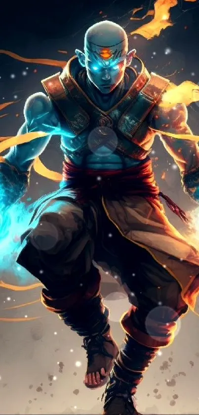 Anime-inspired fiery monk with blue energy in dynamic pose.