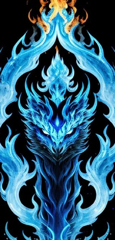 Fiery blue phoenix with vibrant flames against a black background.