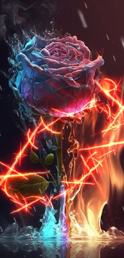 Fiery blue rose artwork with water and flame effects.