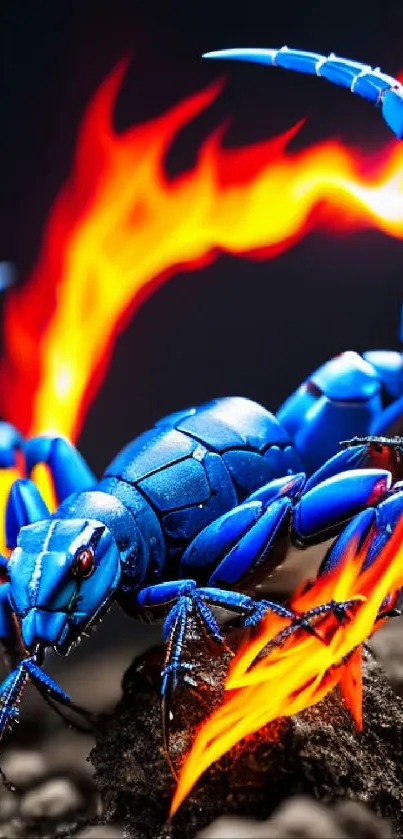 Fiery blue scorpion in digital art style on rocky background.