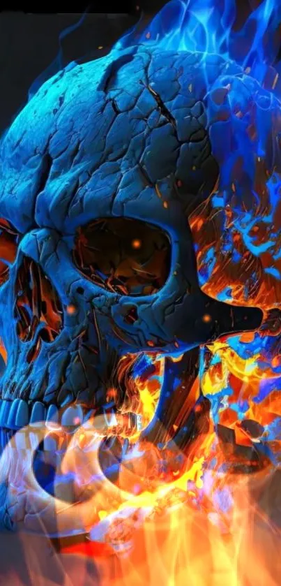 Vivid blue skull engulfed in flames, creating a mystical and artistic scene.