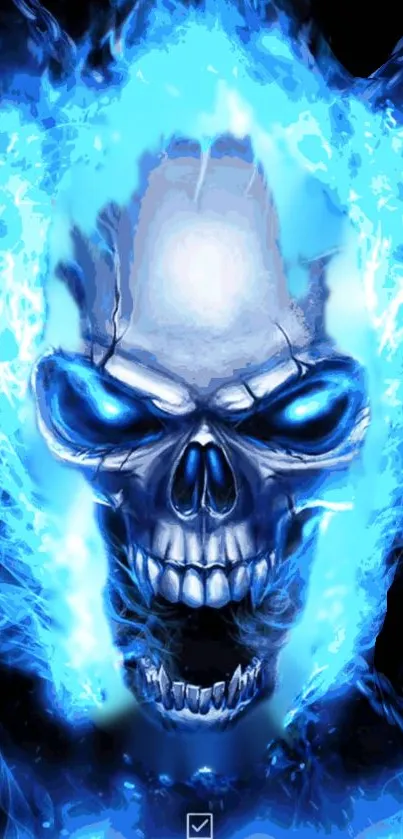 Fiery blue skull with glowing flames on dark background mobile wallpaper.