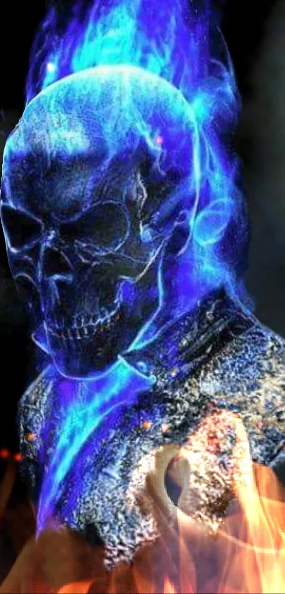 Blue fiery skull with flames on dark mobile wallpaper.