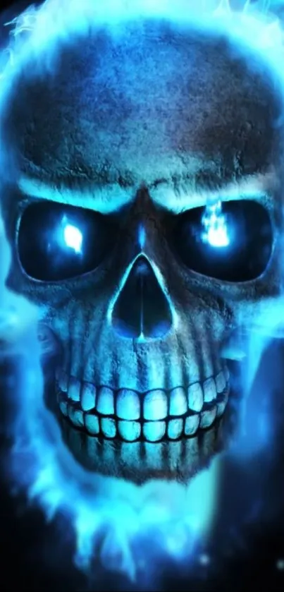Electrifying blue skull with fiery flames wallpaper.