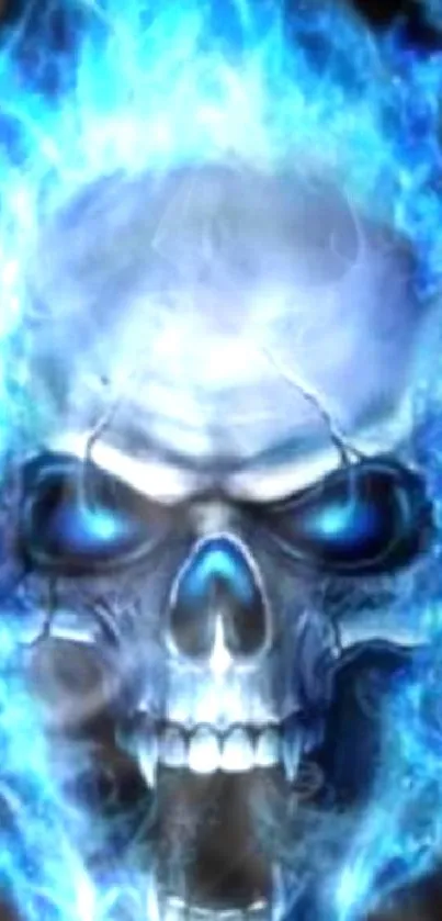 Fiery blue skull with glowing flames wallpaper.