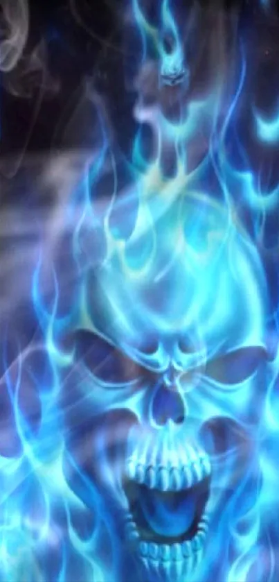 Fiery blue skull engulfed in bright flames on a dark background.