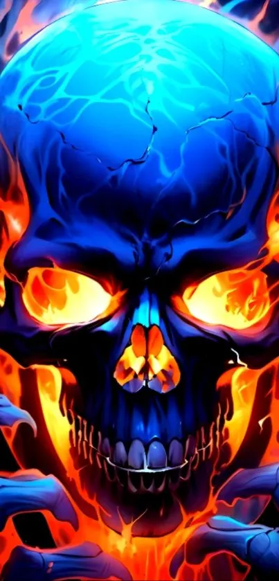 Blue skull with fiery flames on phone wallpaper