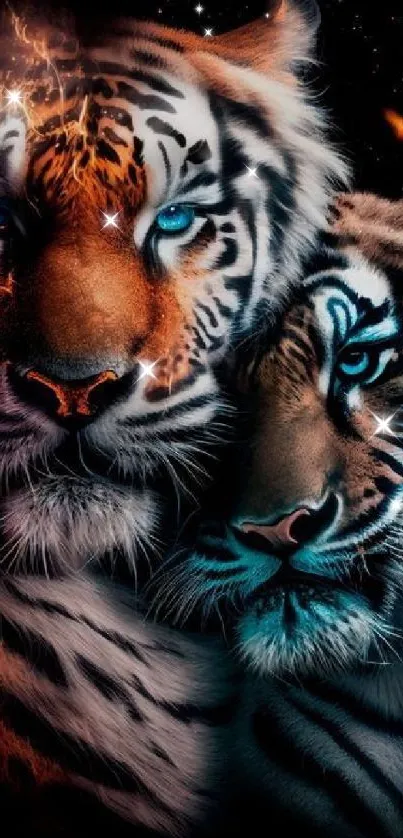 Fiery and icy blue tigers on an artistic wallpaper.