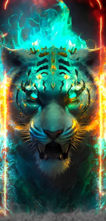 Fiery blue and orange tiger artwork with vibrant flames.