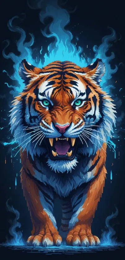 Roaring tiger with blue flames mobile wallpaper.